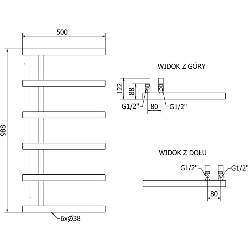 Mexen Jukon grzejnik łazienkowy dekoracyjny 988 x 500 mm, 461 W, czarny - W116-0988-500-00-70