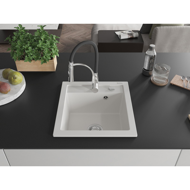 Mexen Vito fregadero de granito de 1 cubeta con grifo de cocina Aster, blanco - 6503-20-73450-07