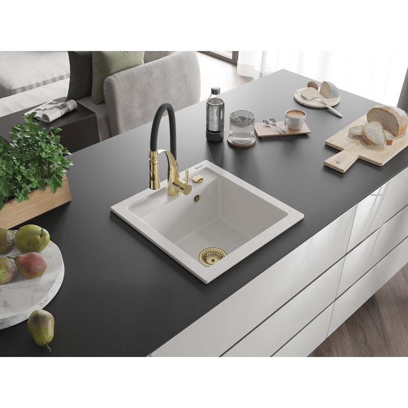 Mexen Vito 1-bowl granite sink with Aster kitchen faucet, white - 6503-20-73450-57-G