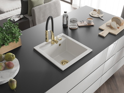 Mexen Vito Granitspüle 1-Becken mit Küchenarmatur Aster, weiß - 6503-20-73450-57-G