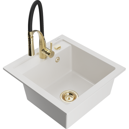 Mexen Vito 1-bowl granite sink with Aster kitchen faucet, white - 6503-20-73450-57-G