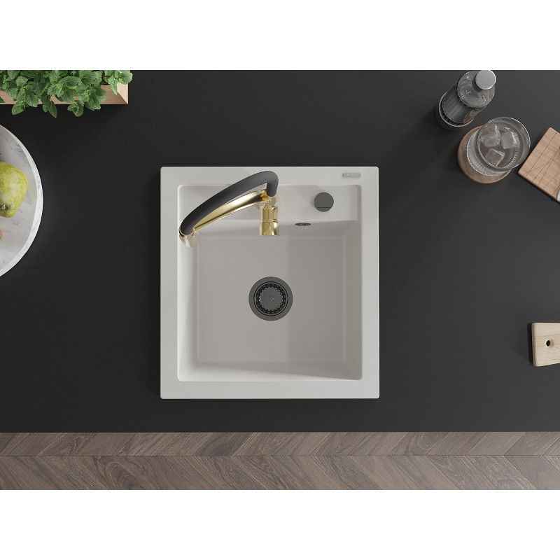 Mexen Vito lava-loiça de granito de 1-bacia com torneira de cozinha Aster, branco - 6503-20-73450-57-B