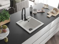 Mexen Vito évier en granit 1 bac avec robinet de cuisine Aster, blanc - 6503-20-73450-70-B