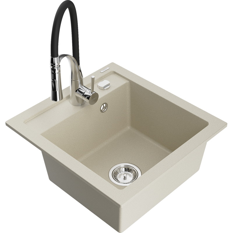 Mexen Vito granitische spoelbak 1-comportment met keukenmengkraan Aster, beige - 6503-69-73450-07