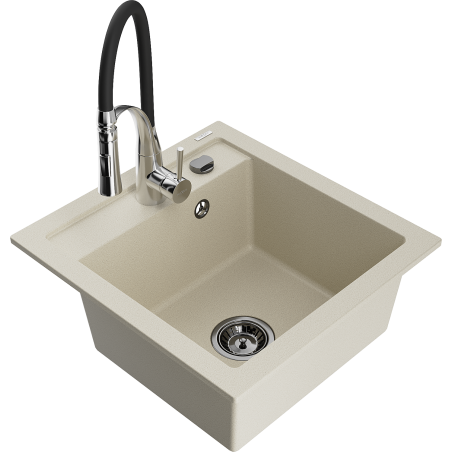 Mexen Vito granite sink 1-bowl with Aster kitchen faucet, beige - 6503-69-73450-07-B