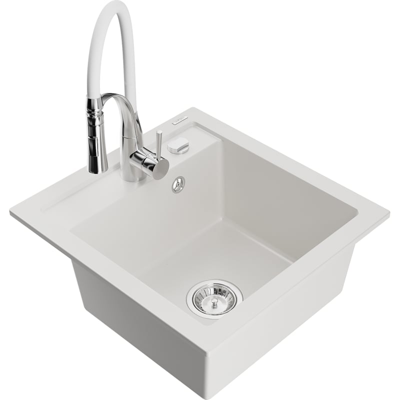 Mexen Vito 1-bowl granite sink with Aster kitchen faucet, white - 6503-20-73450-02