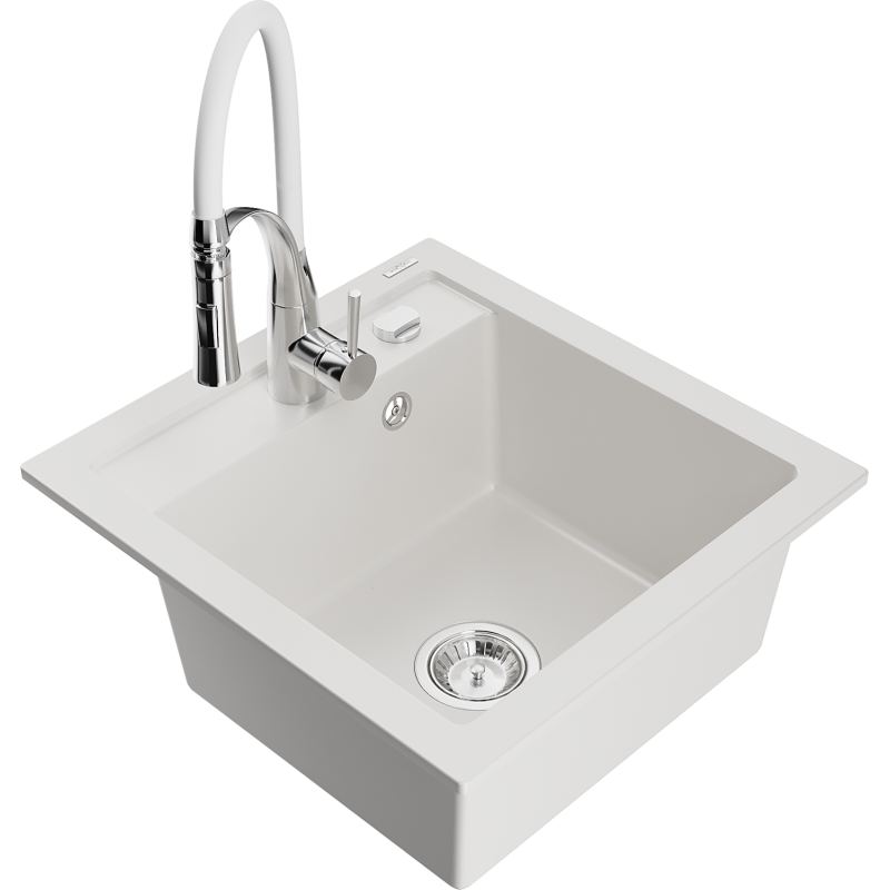 Mexen Vito fregadero de granito de 1 cuenca con grifo de cocina Aster, blanco - 6503-20-73450-02