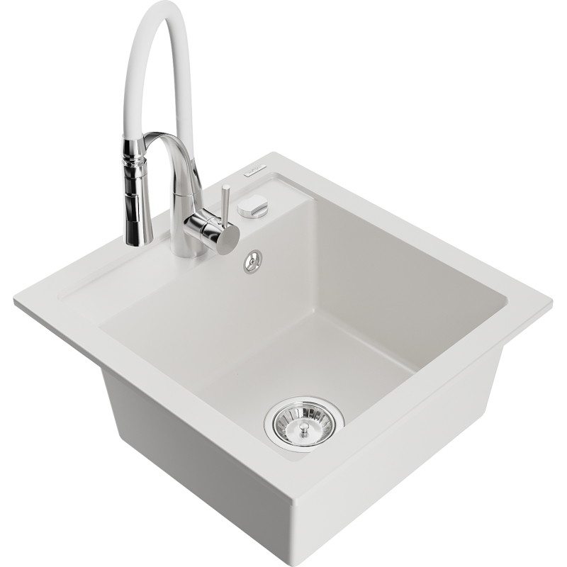 Mexen Vito fregadero de granito de 1 seno con grifo de cocina Aster, blanco - 6503-20-73450-02
