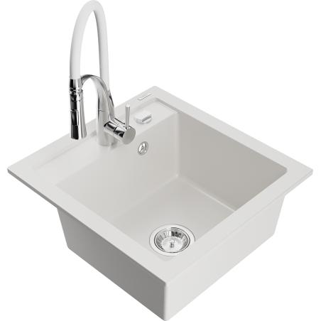 Mexen Vito 1-bowl granite sink with Aster kitchen tap, white - 6503-20-73450-02