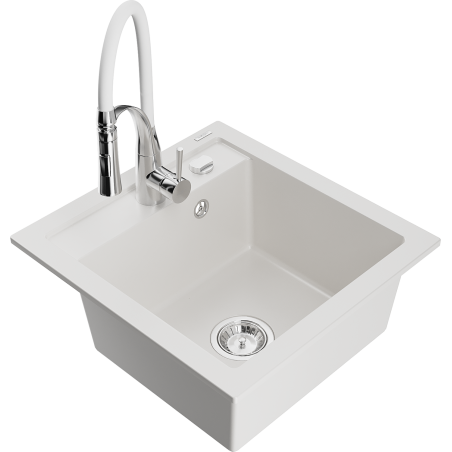 Mexen Vito granieten spoelbak 1-kamer met keukenmengkraan Aster, wit - 6503-20-73450-02