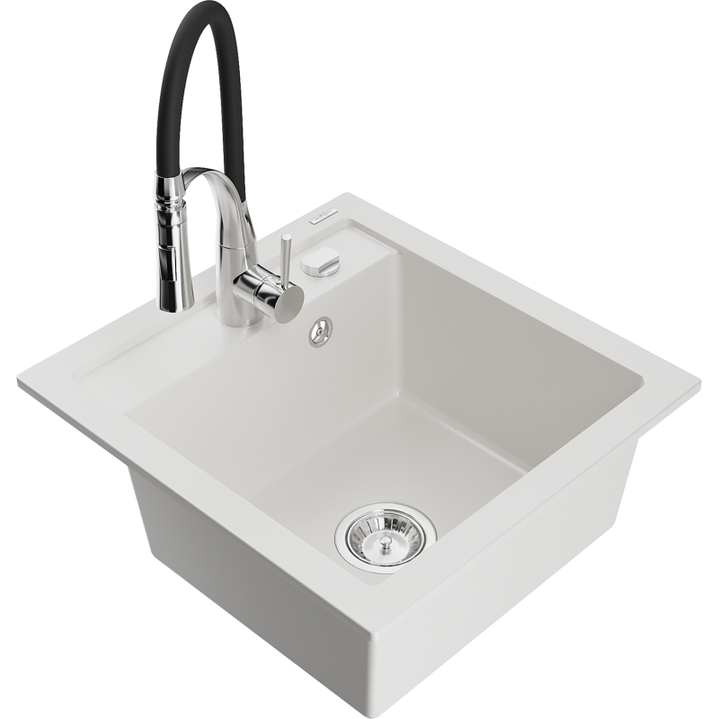 Mexen Vito 1-bowl granite sink with Aster kitchen tap, white - 6503-20-73450-07