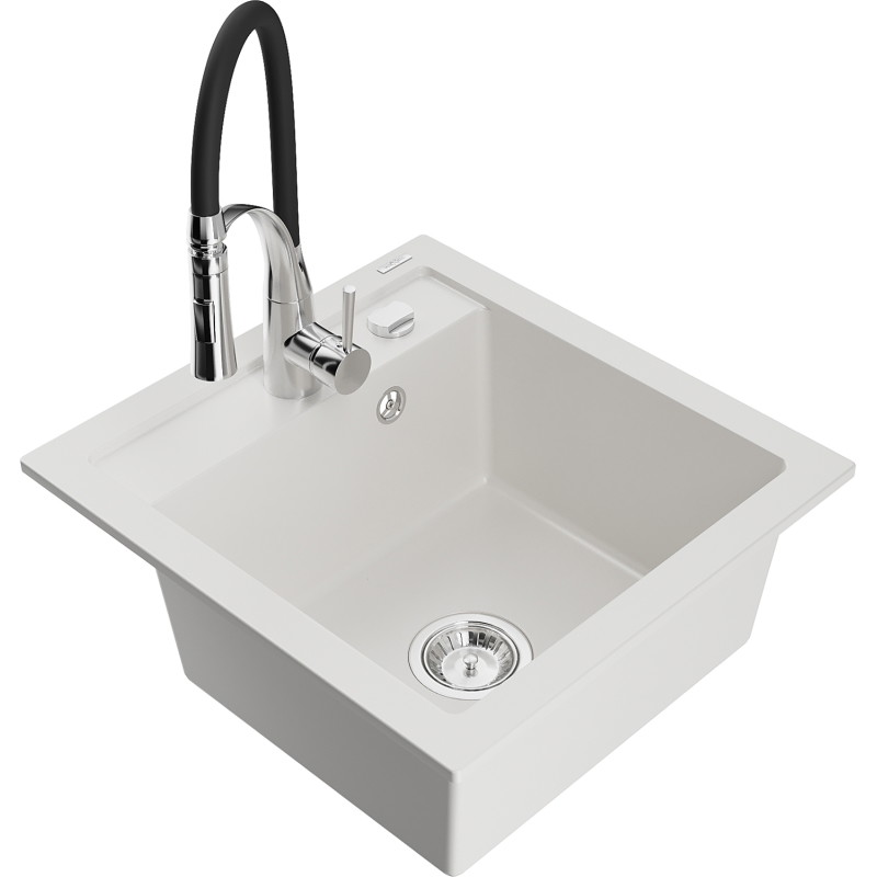 Mexen Vito fregadero de granito de 1 cubeta con grifo de cocina Aster, blanco - 6503-20-73450-07