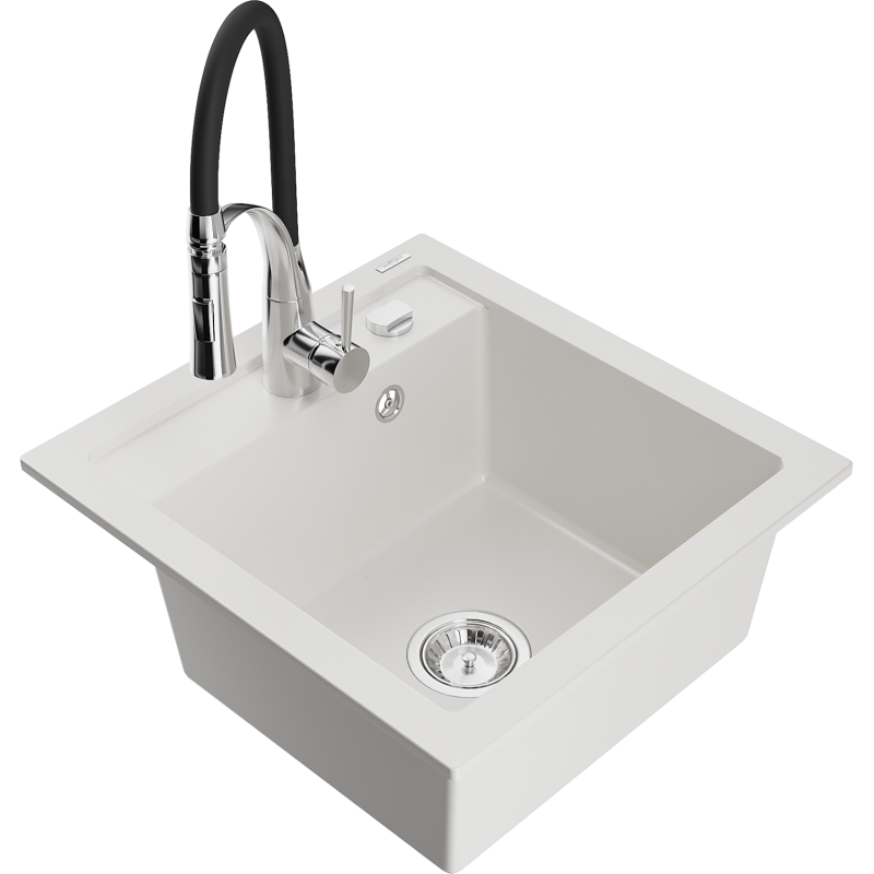 Mexen Vito fregadero de granito de 1 seno con grifo de cocina Aster, blanco - 6503-20-73450-07