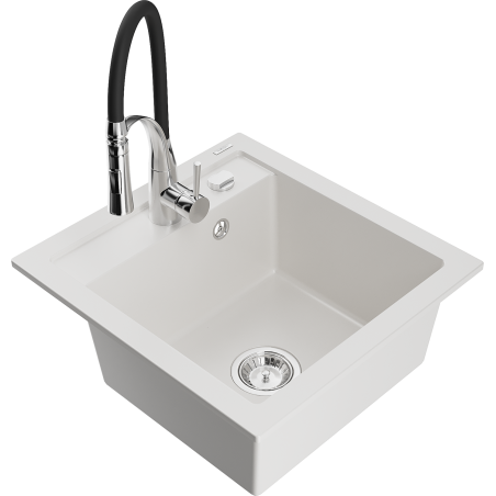 Mexen Vito 1-bowl granite sink with Aster kitchen tap, white - 6503-20-73450-07