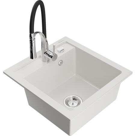 Mexen Vito 1-komorige granieten spoelbak met keukenmengkraan Aster, wit - 6503-20-73450-07