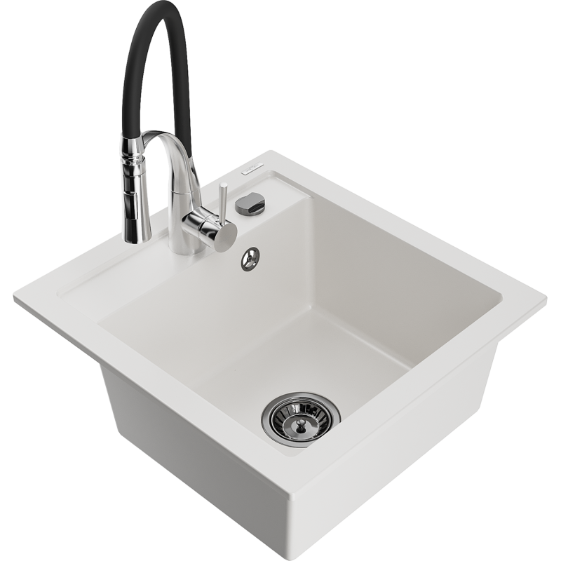 Mexen Vito graniittinen 1-allas keittiöallas ja keittiöhana Aster, valkoinen - 6503-20-73450-07-B