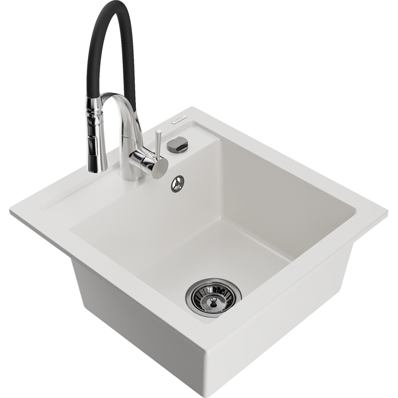 Mexen Vito lava-louça de granito de 1 cuba com torneira de cozinha Aster, branco - 6503-20-73450-07-B