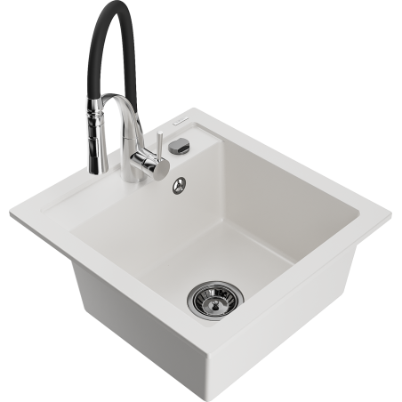 Mexen Vito granieten spoelbak 1-komerig met keukenkraan Aster, wit - 6503-20-73450-07-B