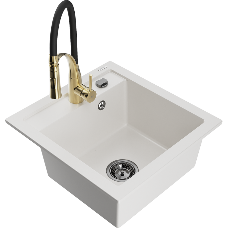 Mexen Matias fregadero de granito 1,5 senos con escurridor y grifo de cocina Aster, blanco - 6502-20-73450-57-B