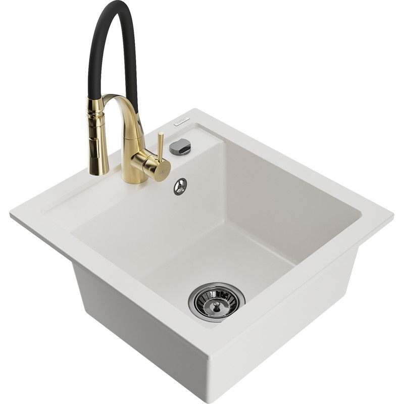Mexen Matias fregadero de granito de 1,5 senos con escurridor y grifo de cocina Aster, blanco - 6502-20-73450-57-B