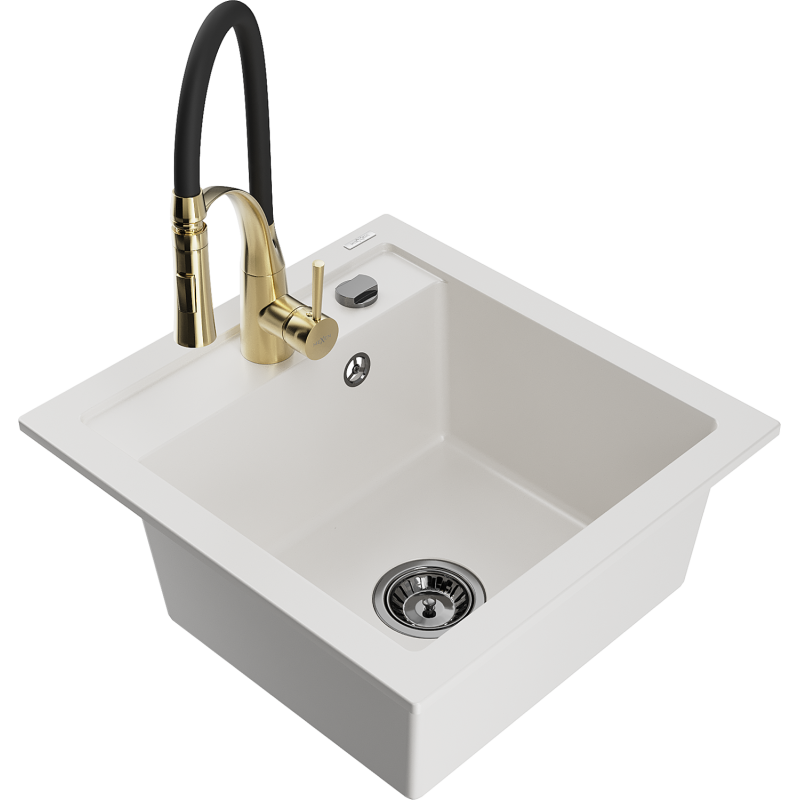 Mexen Matias lavello da cucina in granito 1,5 vasche con scolapiatti e miscelatore Aster, bianco - 6502-20-73450-57-B