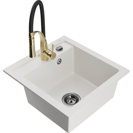 Mexen Matias granite sink 1.5-bowl with drainer and Aster kitchen tap, white - 6502-20-73450-57-B