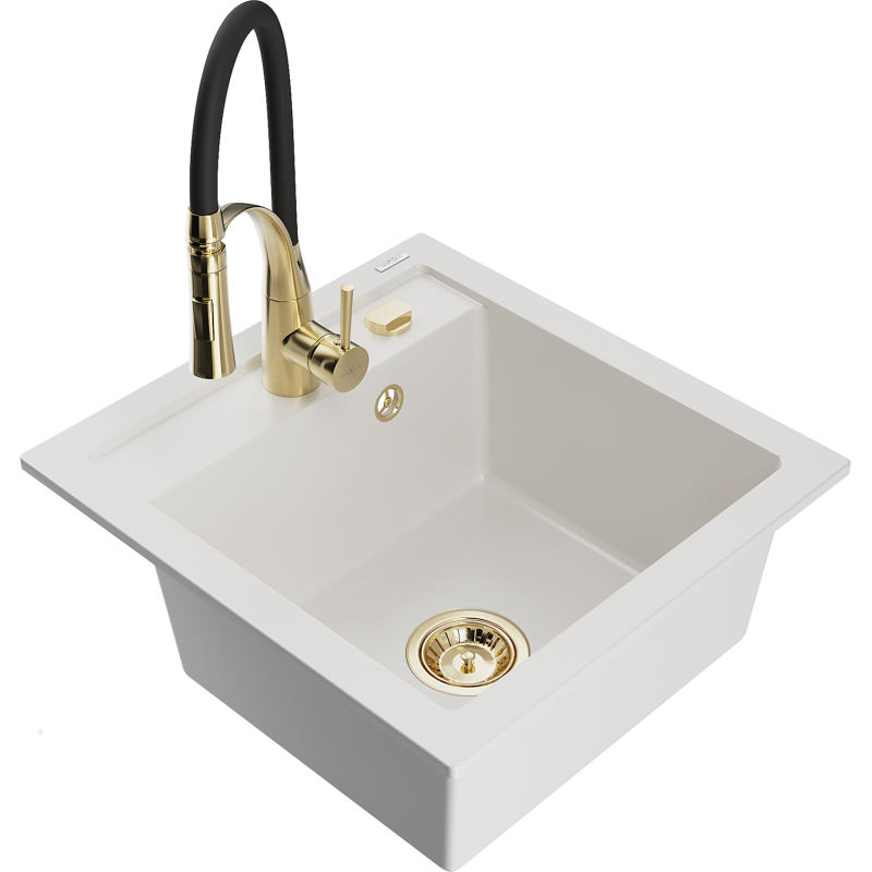 Mexen Vito fregadero de granito de 1 cubeta con grifo de cocina Aster, blanco - 6503-20-73450-57-B