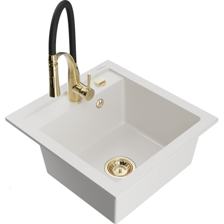 Mexen Vito granitā izlietne ar 1 nodalījumu un virtuves jaucējkrānu Aster, balta - 6503-20-73450-57-B