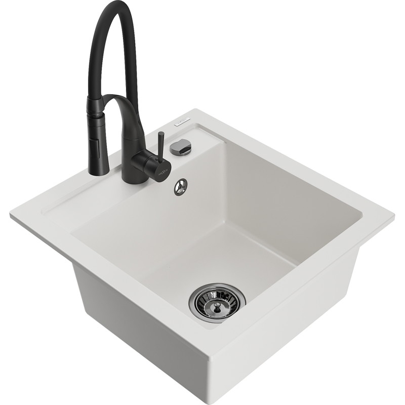 Mexen Vito fregadero de granito de 1 seno con grifo de cocina Aster, blanco - 6503-20-73450-70-B