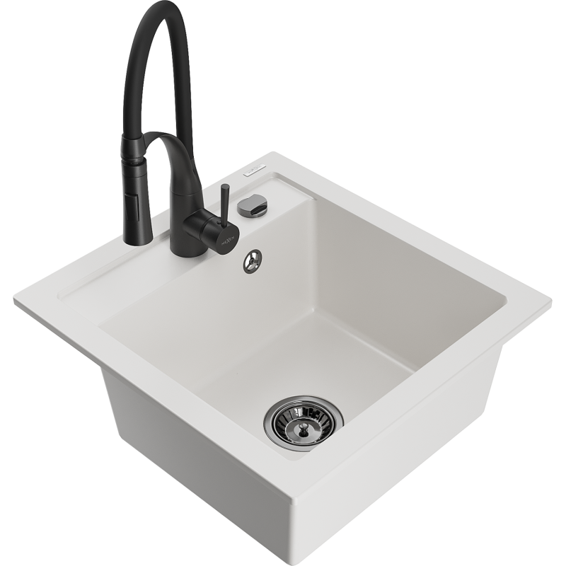 Mexen Vito granieten spoelbak 1-komers met keukenkraan Aster, wit - 6503-20-73450-70-B