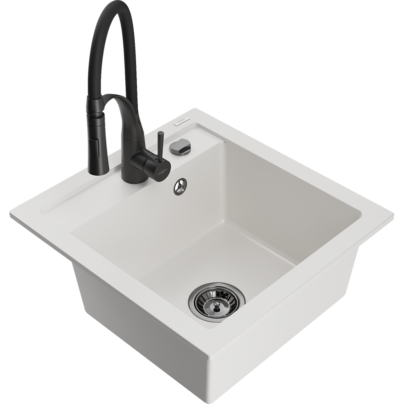 Mexen Vito lava-loiça de granito de 1 cuba com torneira de cozinha Aster, branco - 6503-20-73450-70-B