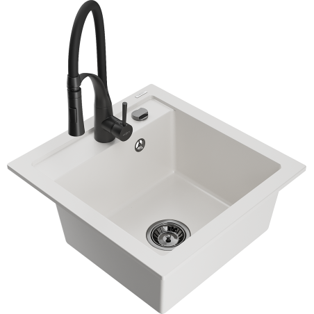 Mexen Vito 1-bowl granite sink with Aster kitchen tap, white - 6503-20-73450-70-B