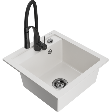 Mexen Vito fregadero de cocina de granito de 1 recipiente con grifo de cocina Aster, blanco - 6503-20-73450-70-B