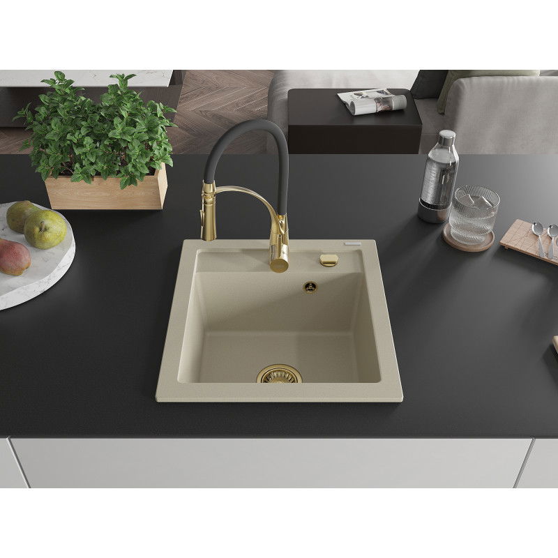 Mexen Vito évier en granit 1 bac avec robinet de cuisine Aster, beige - 6503-69-73450-57-G