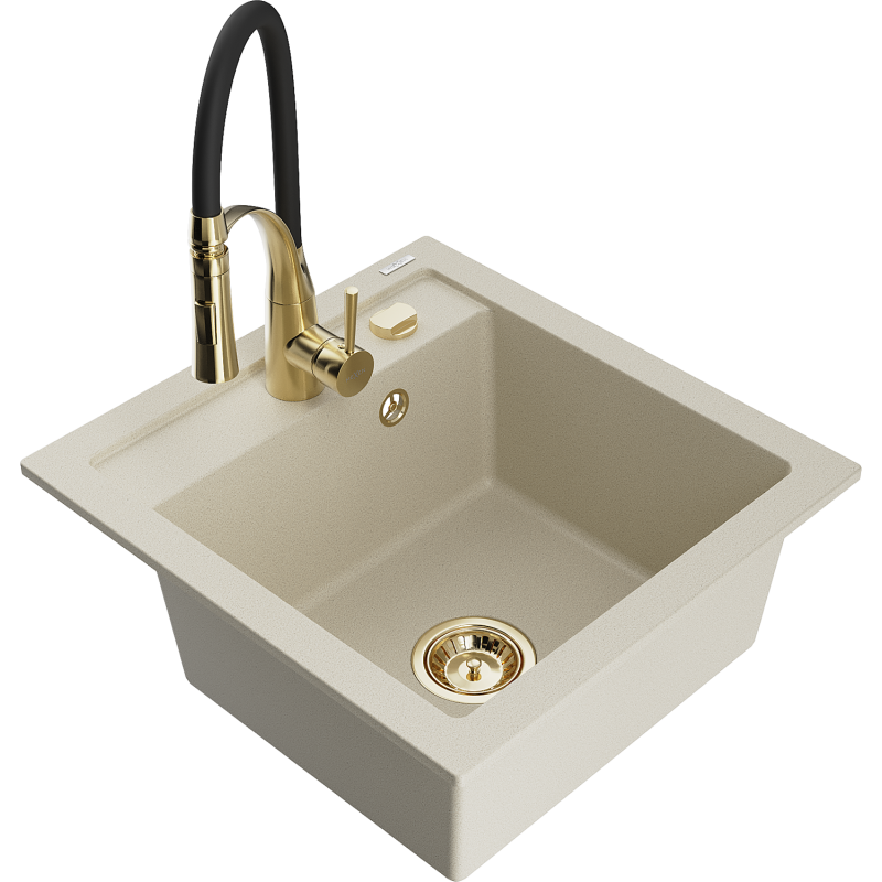 Mexen Vito granieten spoelbak 1-komers met keukenmengkraan Aster, beige - 6503-69-73450-57-G