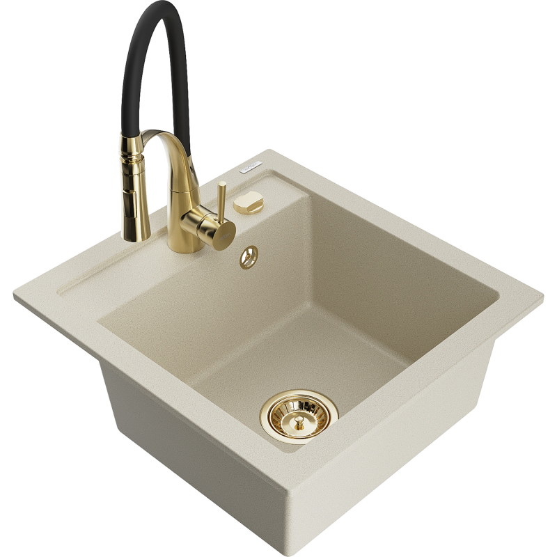 Mexen Vito granitische gootsteen met 1 kom en keukenmengkraan Aster, beige - 6503-69-73450-57-G