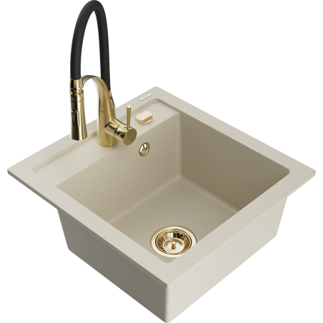 Mexen Vito évier en granit 1 bac avec robinet de cuisine Aster, beige - 6503-69-73450-57-G