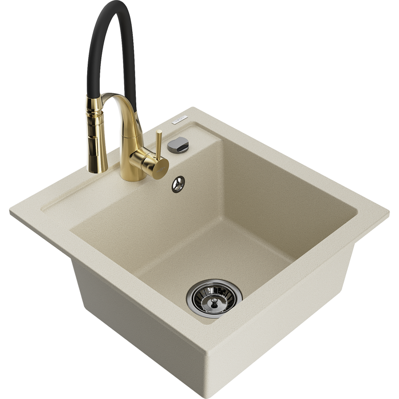 Mexen Vito lava-loiça de granito de 1 cuba com torneira de cozinha Aster, bege - 6503-69-73450-57-B