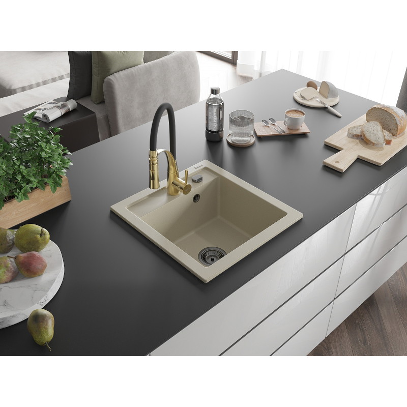 Mexen Vito granitstenen spoelbak 1-komor met keukenmengkraan Aster, beige - 6503-69-73450-57-B