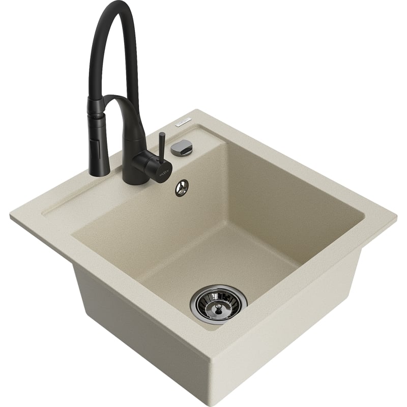 Mexen Vito granitische 1-komorige gootsteen met keukenmengkraan Aster, beige - 6503-69-73450-70-B