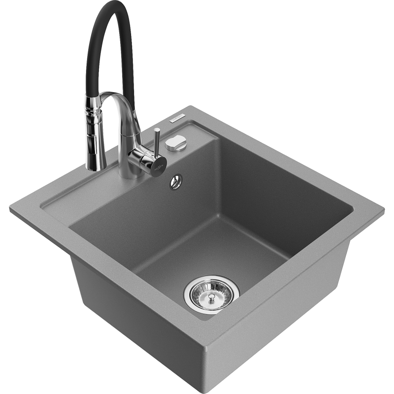 Mexen Vito granieten gootsteen 1-kamer met keukenmengkraan Aster, grijs - 6503-71-73450-07