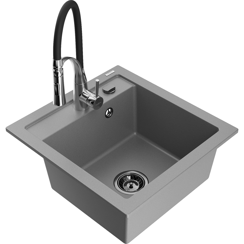 Mexen Vito fregadero de granito de 1 cámara con grifo de cocina Aster, gris - 6503-71-73450-07-B