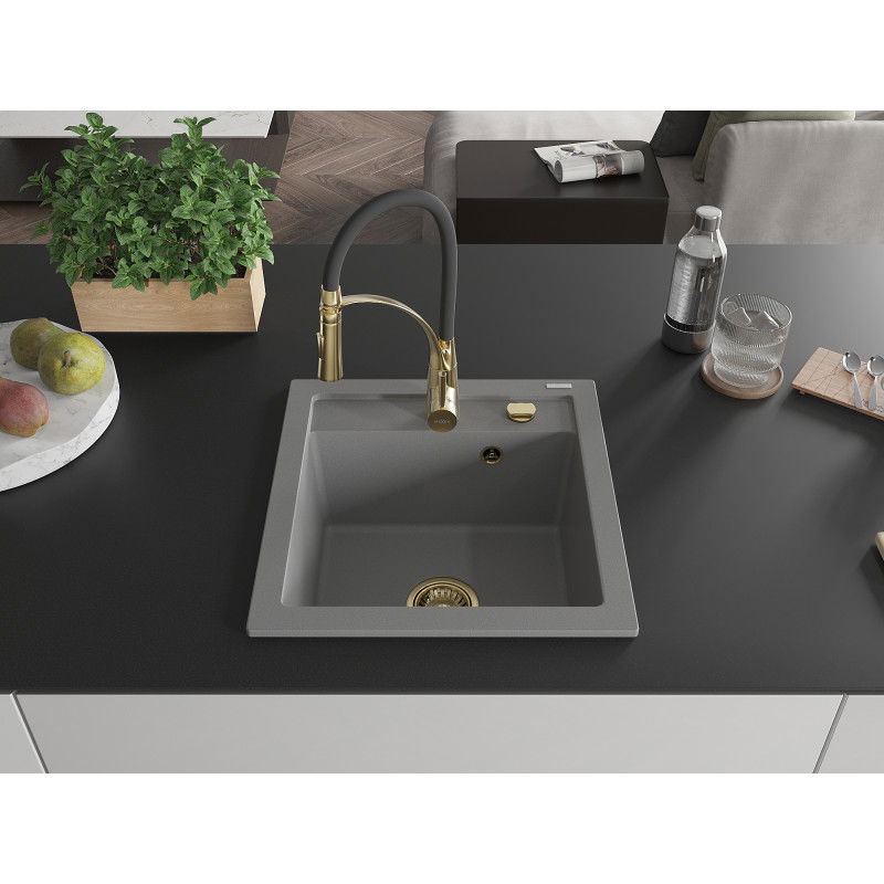 Mexen Vito granite kitchen sink 1-bowl with Aster kitchen tap, grey - 6503-71-73450-57-G
