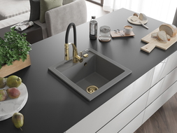 Mexen Vito Granit-Spüle 1-beckig mit Küchenarmatur Aster, grau - 6503-71-73450-57-G