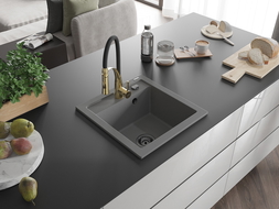 Mexen Vito Granitspüle 1-Becken mit Küchenarmatur Aster, grau - 6503-71-73450-57-B