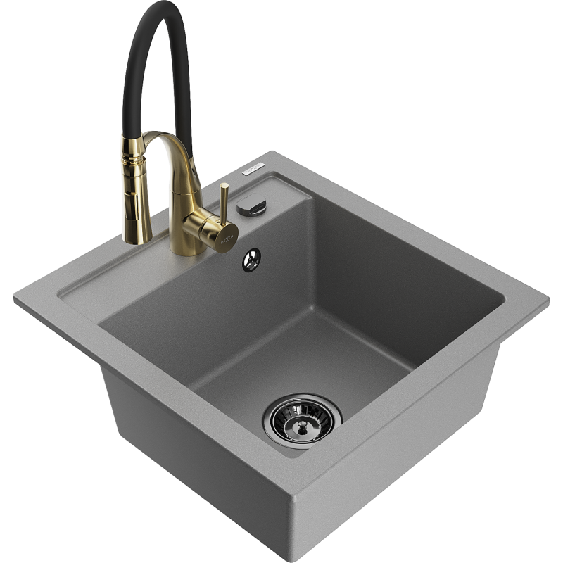 Mexen Vito granite sink 1-bowl with Aster kitchen tap, grey - 6503-71-73450-57-B
