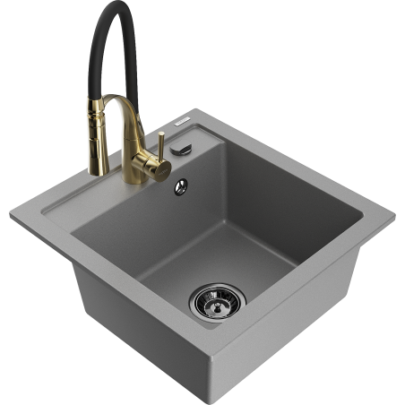 Mexen Vito granite sink 1-bowl with Aster kitchen tap, grey - 6503-71-73450-57-B