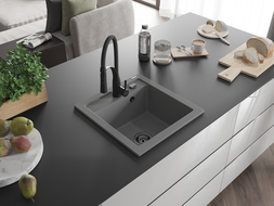 Mexen Vito Granitspüle 1-Kammer mit Küchenarmatur Aster, grau - 6503-71-73450-70-B