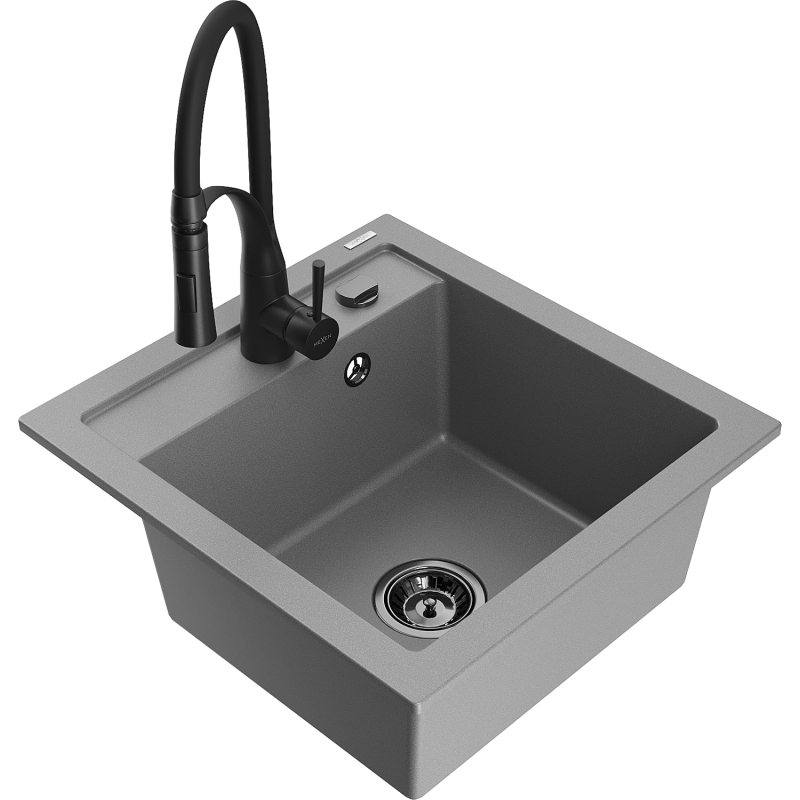 Mexen Vito 1-bowl Granite Sink with Aster Kitchen Tap, Grey - 6503-71-73450-70-B