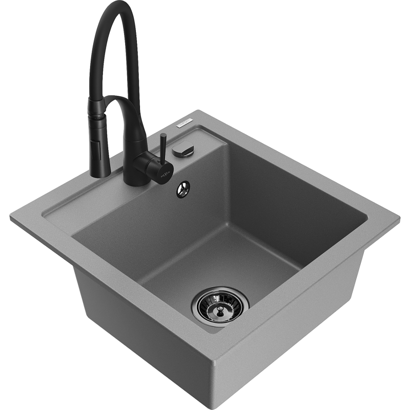 Mexen Vito fregadero de granito de 1 cubeta con grifo de cocina Aster, gris - 6503-71-73450-70-B